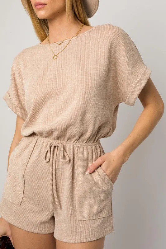 SHORT ROLL-UP SLEEVE ELASTIC WAIST ROMPER