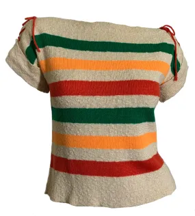 Sporty Striped Bateau Knit Sweater with Red Lacing On Shoulders circa 1970s