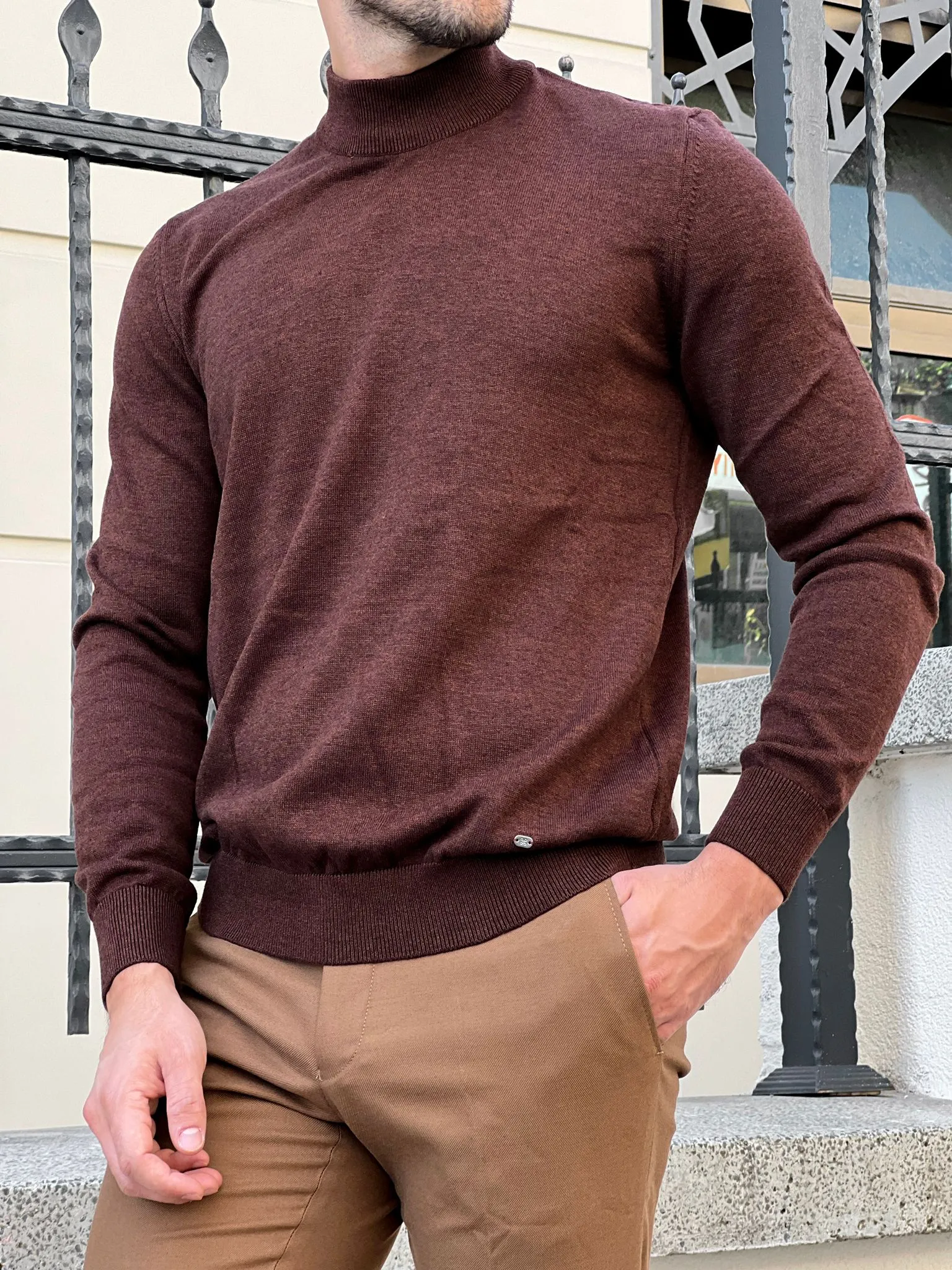 Stefano Slim Fit Brown Turtleneck Sweater