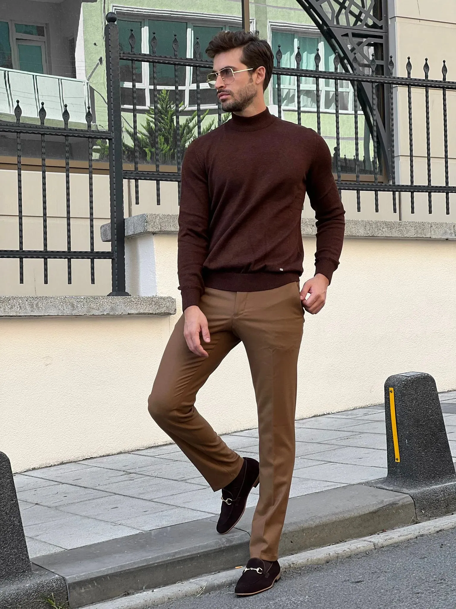 Stefano Slim Fit Brown Turtleneck Sweater