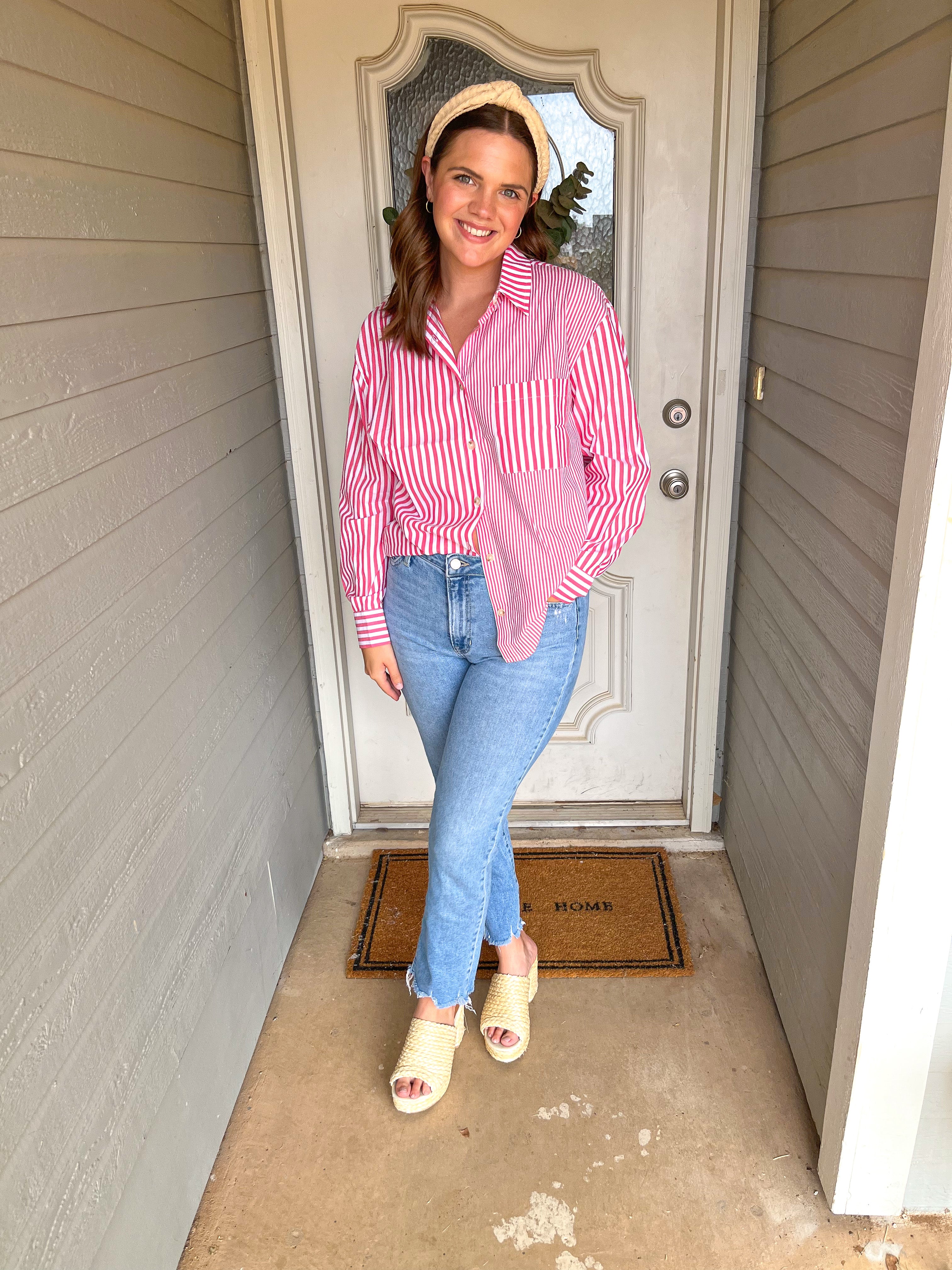 STRIPED LONG SLEEVE COLLARED BLOUSE - PINK