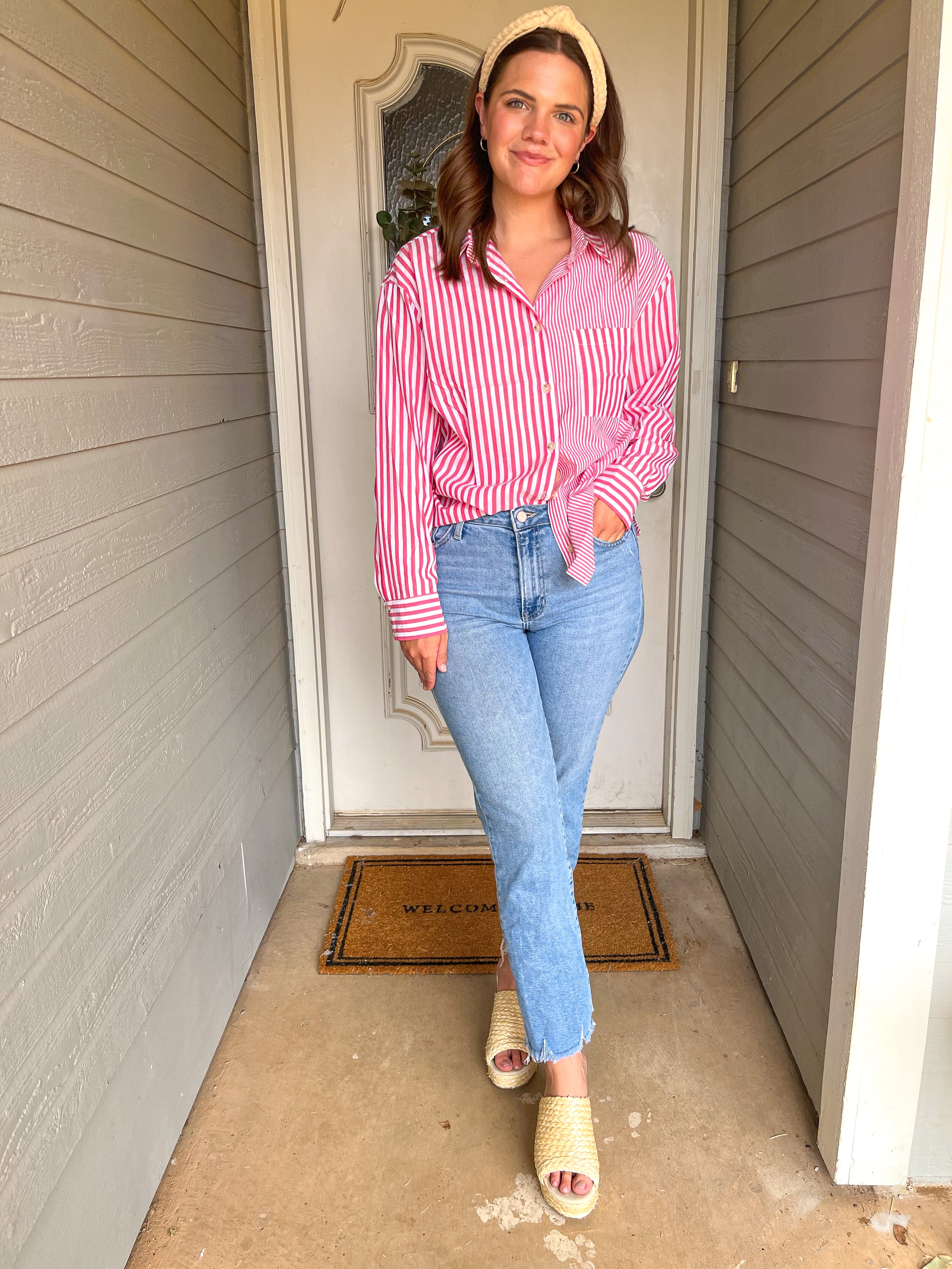 STRIPED LONG SLEEVE COLLARED BLOUSE - PINK