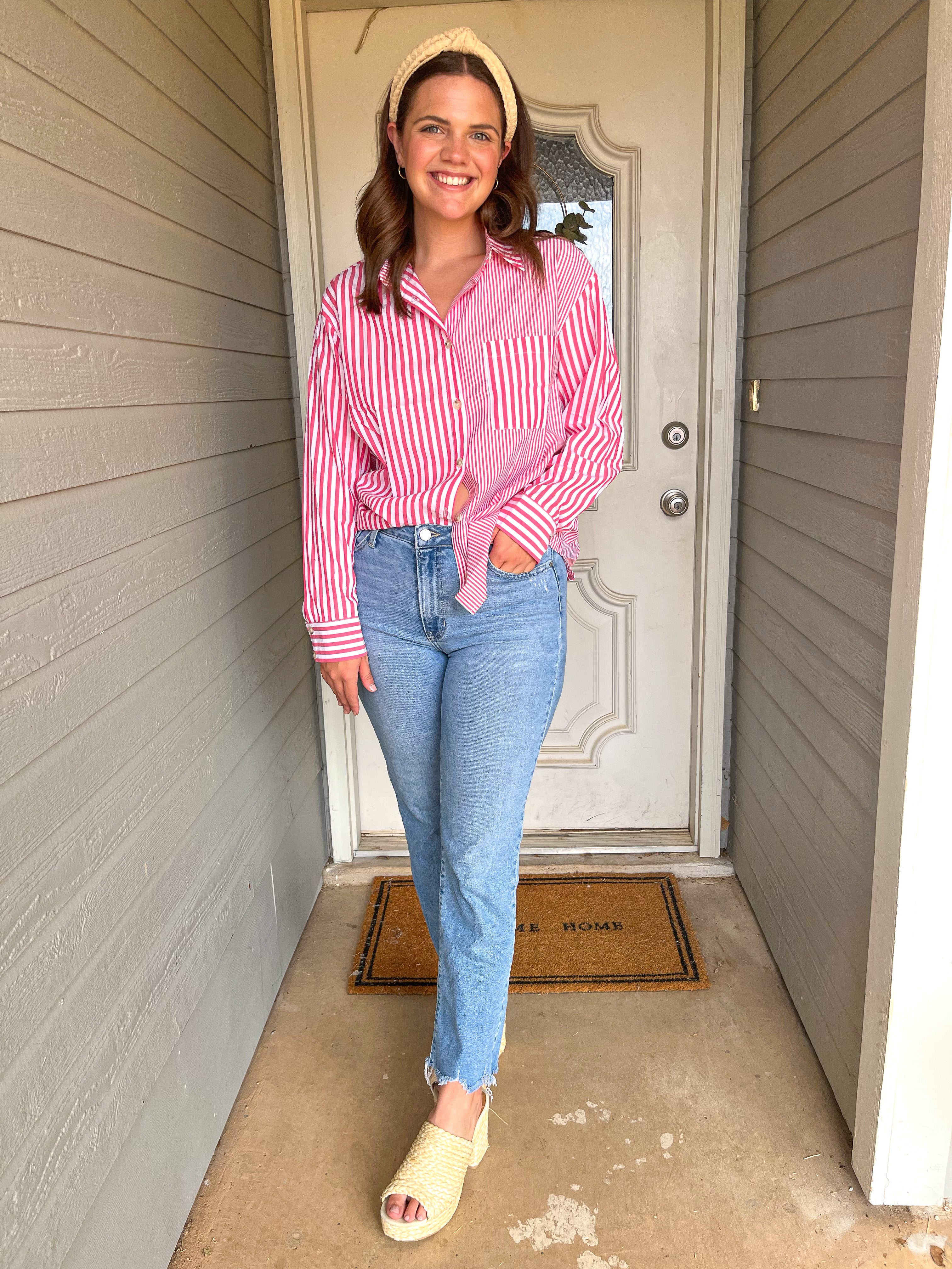 STRIPED LONG SLEEVE COLLARED BLOUSE - PINK