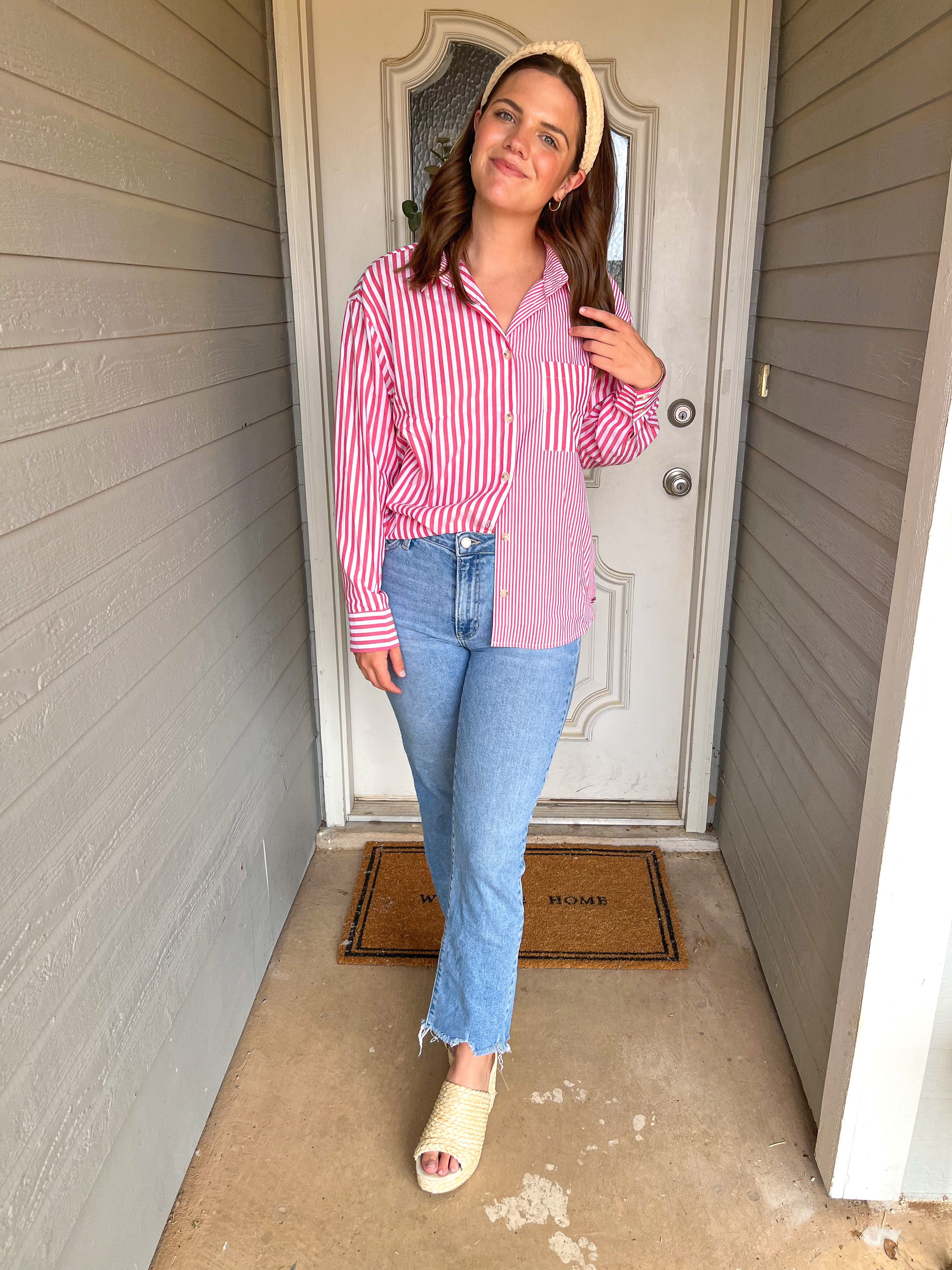 STRIPED LONG SLEEVE COLLARED BLOUSE - PINK