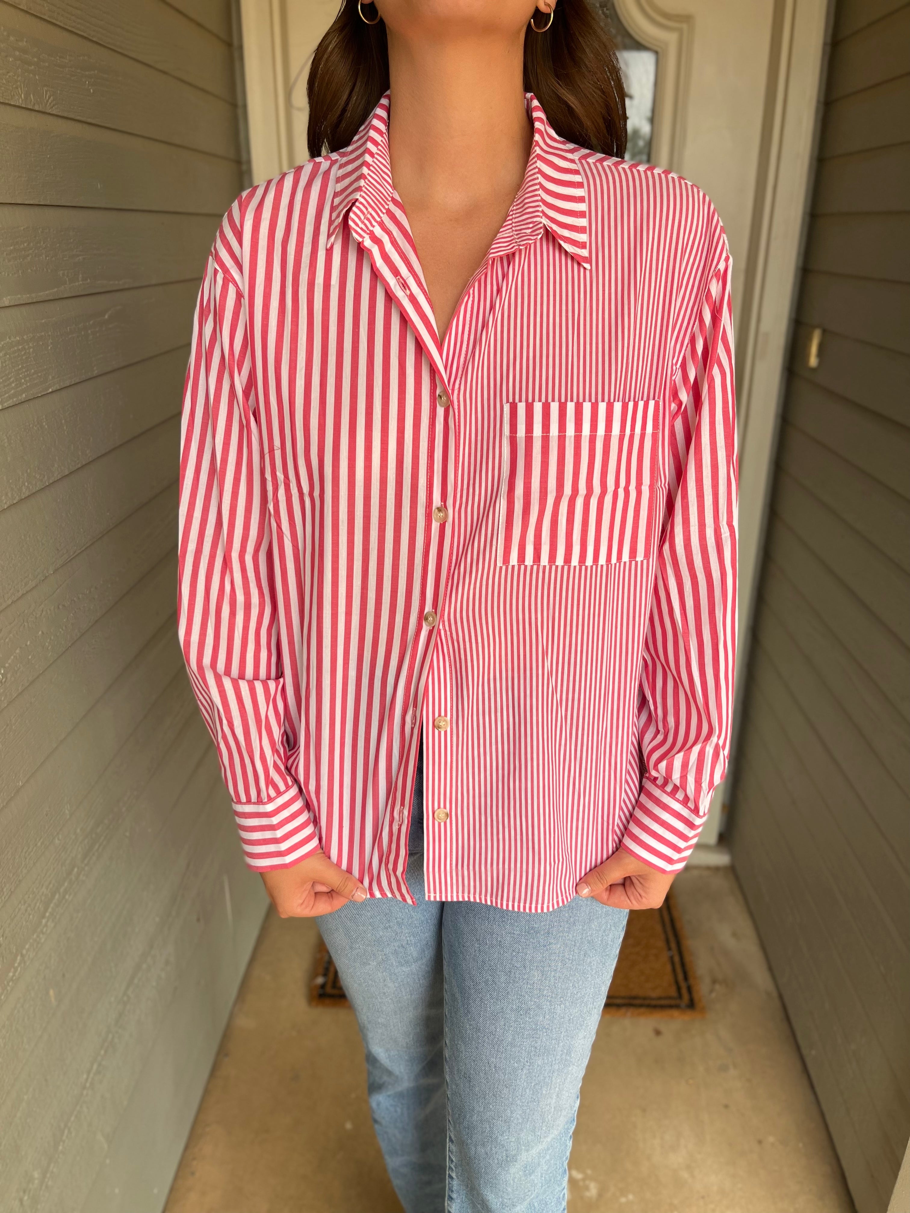 STRIPED LONG SLEEVE COLLARED BLOUSE - PINK