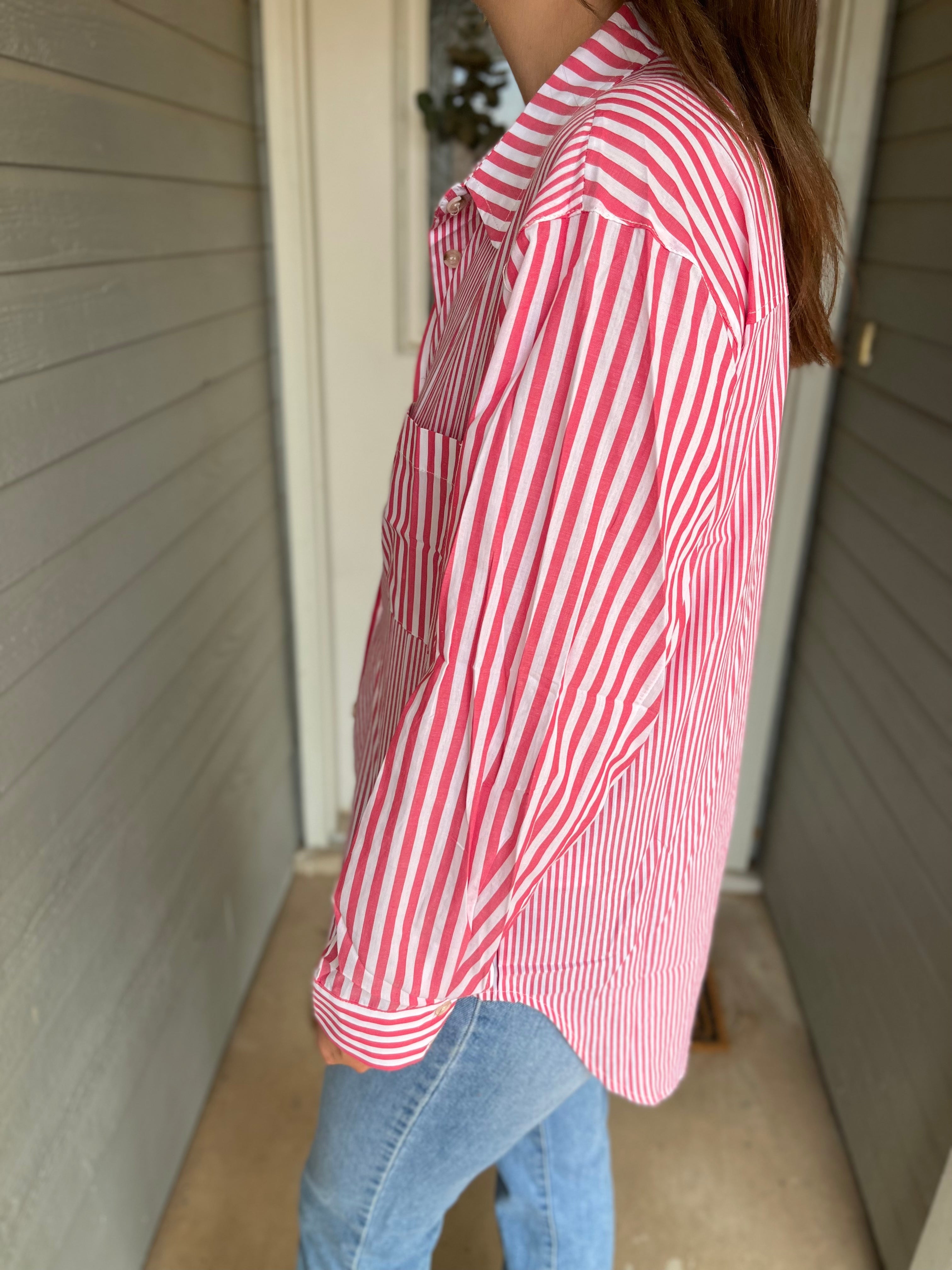 STRIPED LONG SLEEVE COLLARED BLOUSE - PINK