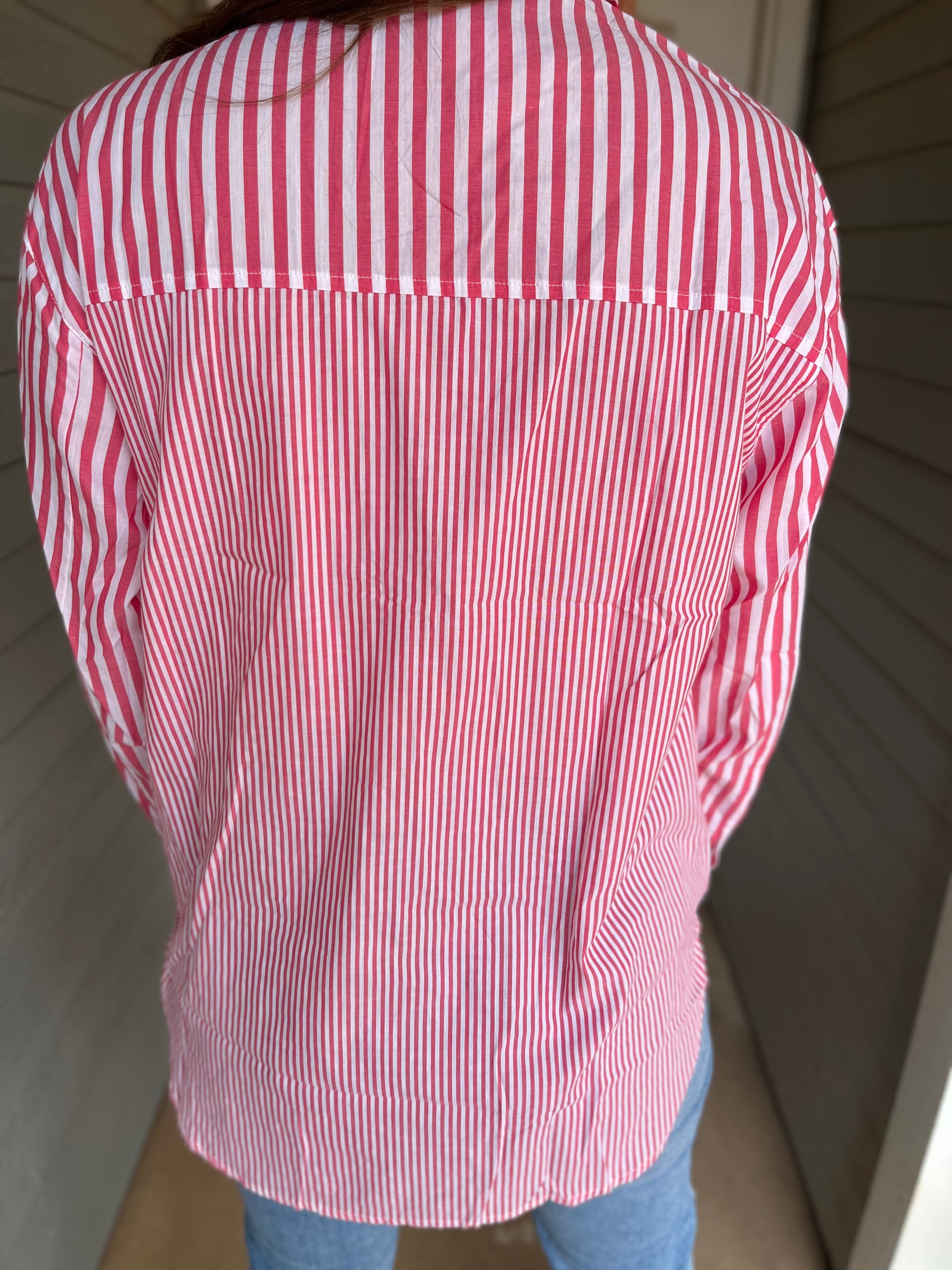 STRIPED LONG SLEEVE COLLARED BLOUSE - PINK