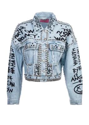 Studded Denim Jacket with Graffiti Design