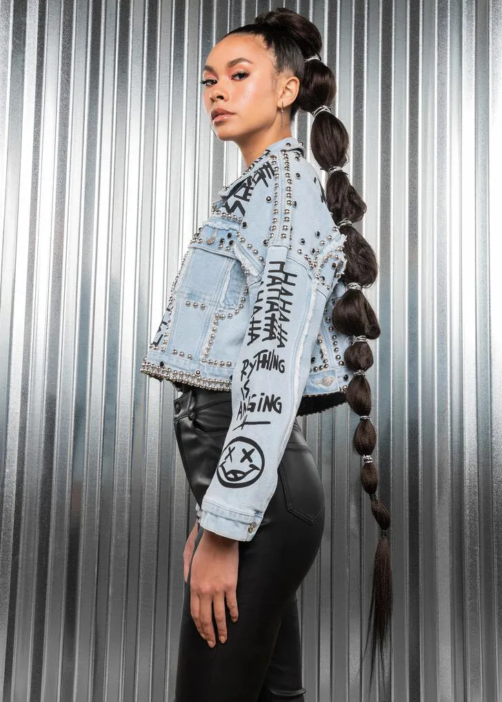 Studded Denim Jacket with Graffiti Design