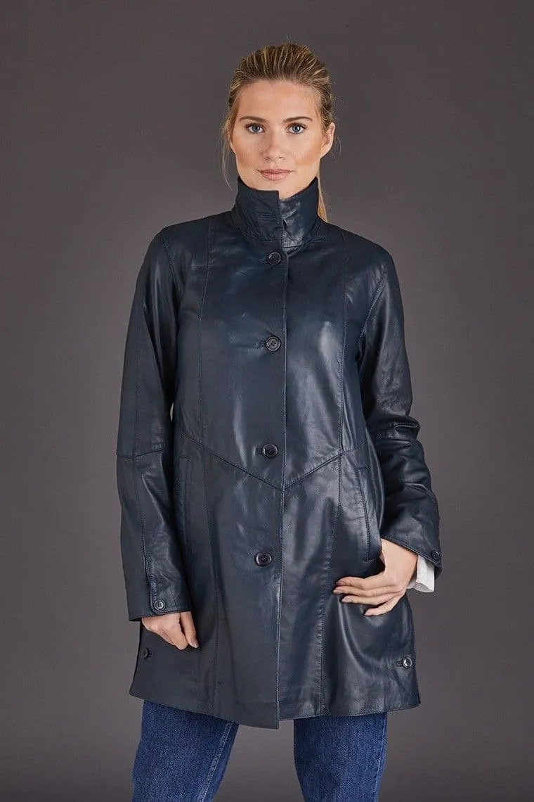 Swing Leather Coat Navy Womens