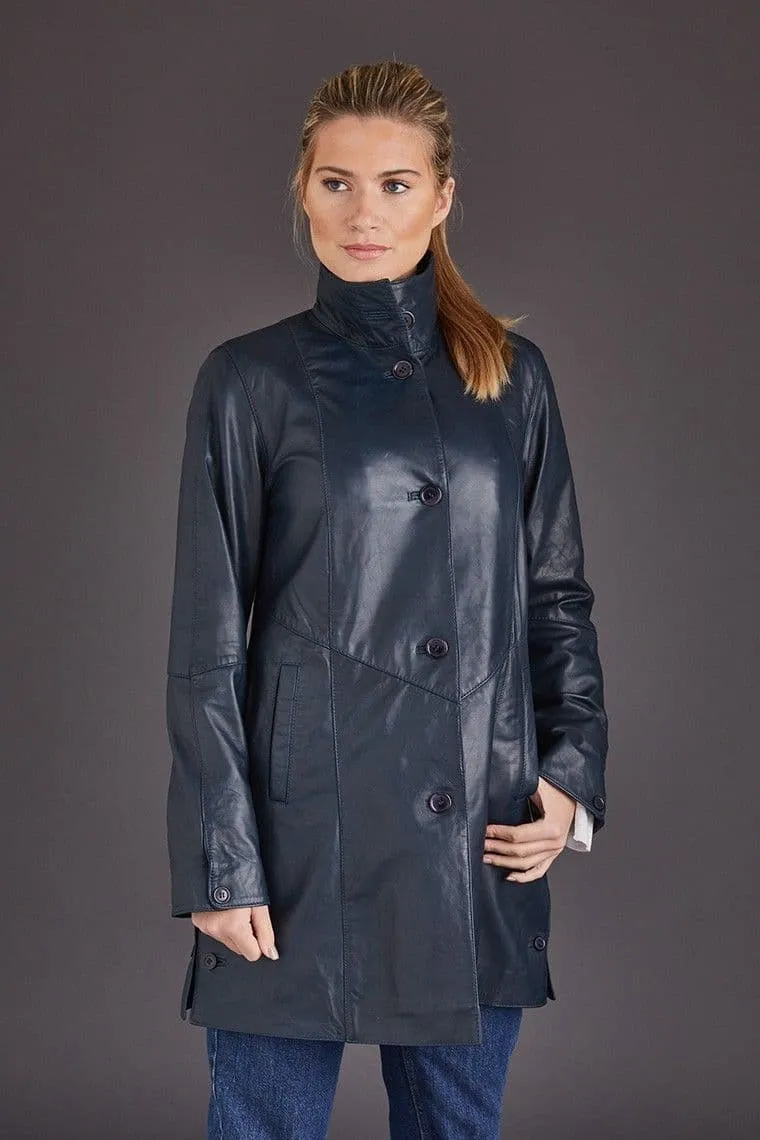 Swing Leather Coat Navy Womens