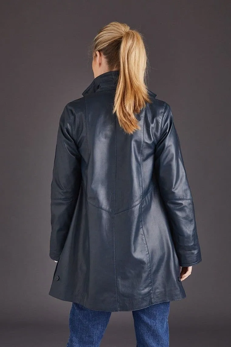 Swing Leather Coat Navy Womens