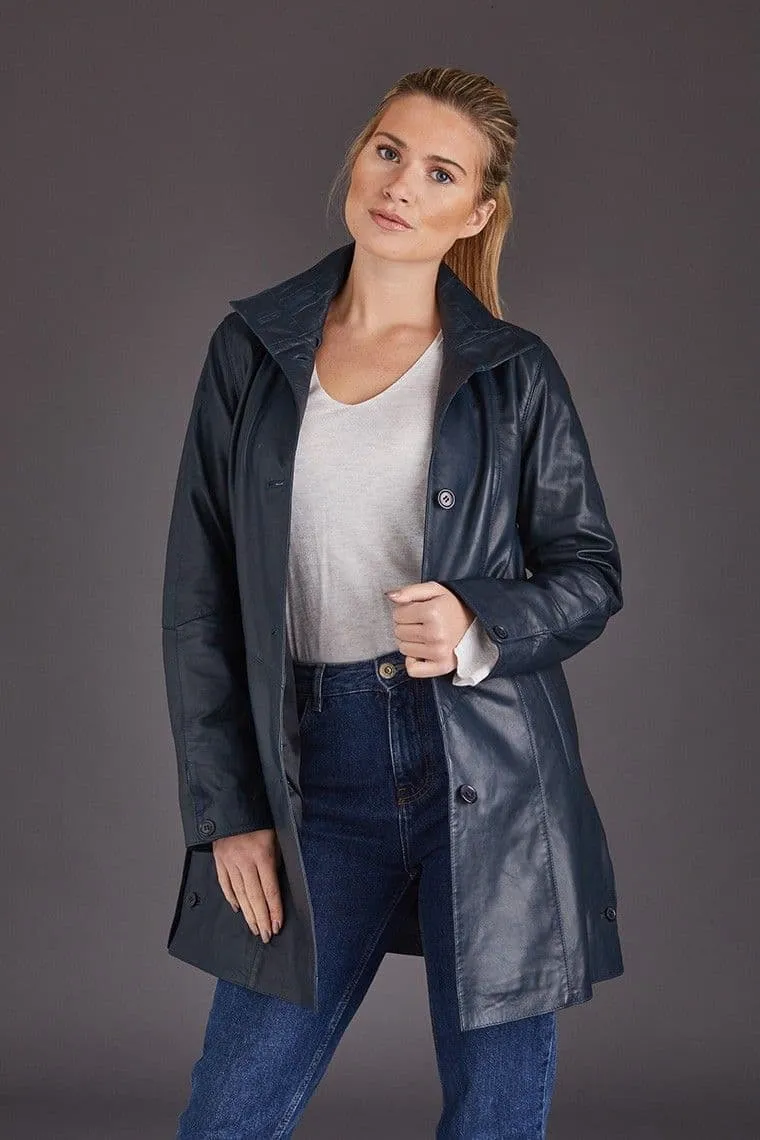 Swing Leather Coat Navy Womens