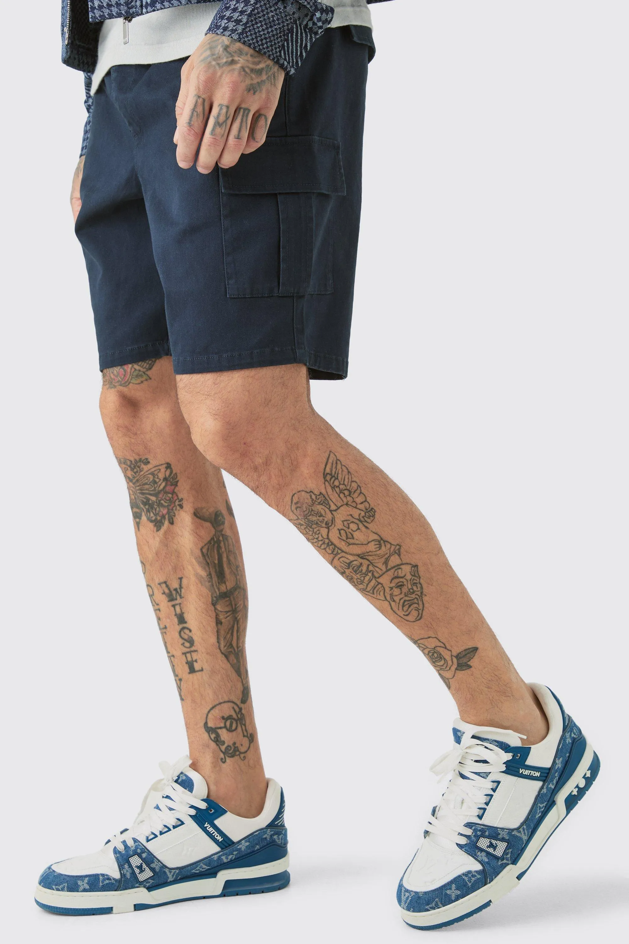 Tall Elastic Waist Navy Slim Fit Cargo Shorts | boohooMAN UK