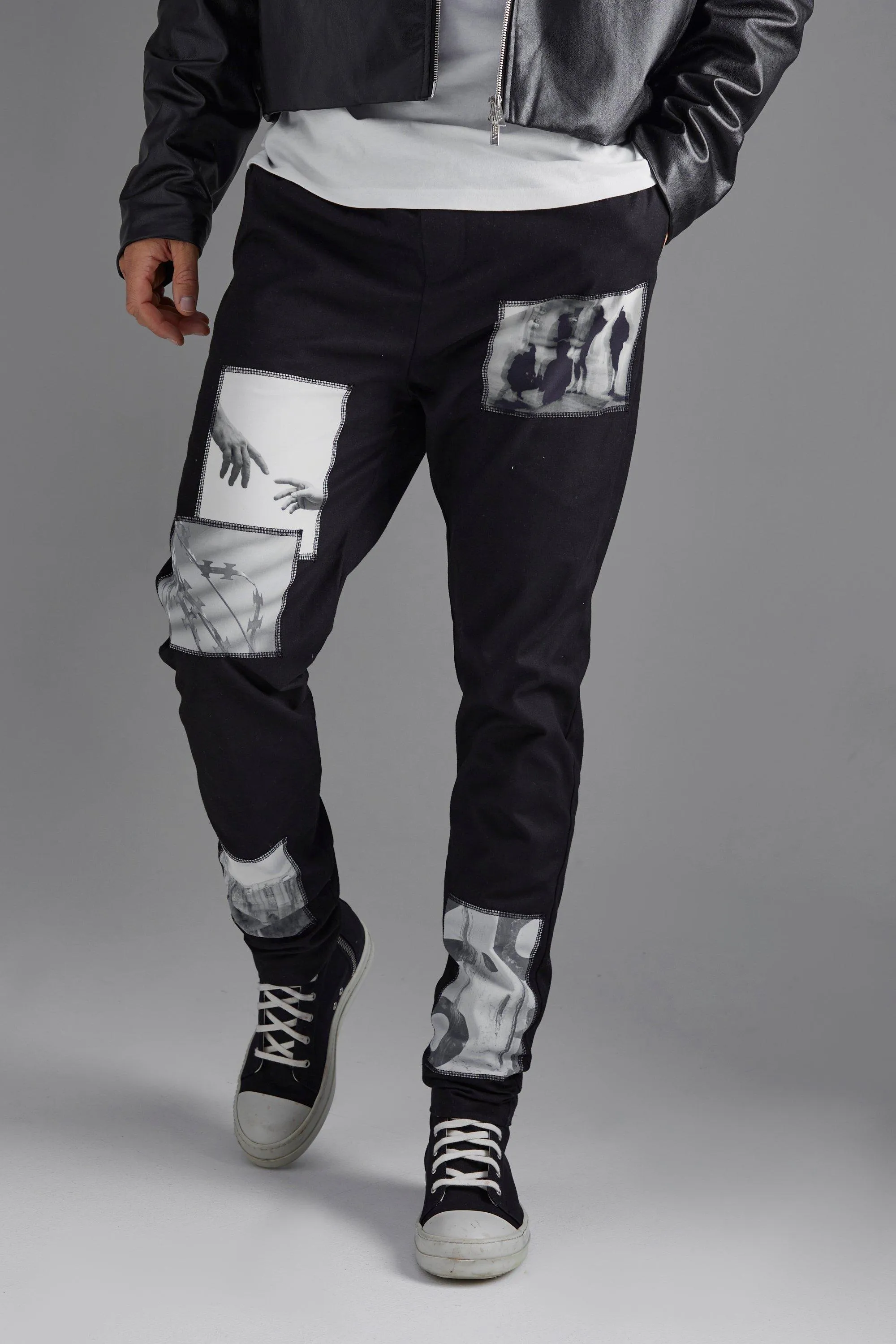 Tall Slim Photo Print Elastic Waist Trouser | boohooMAN UK