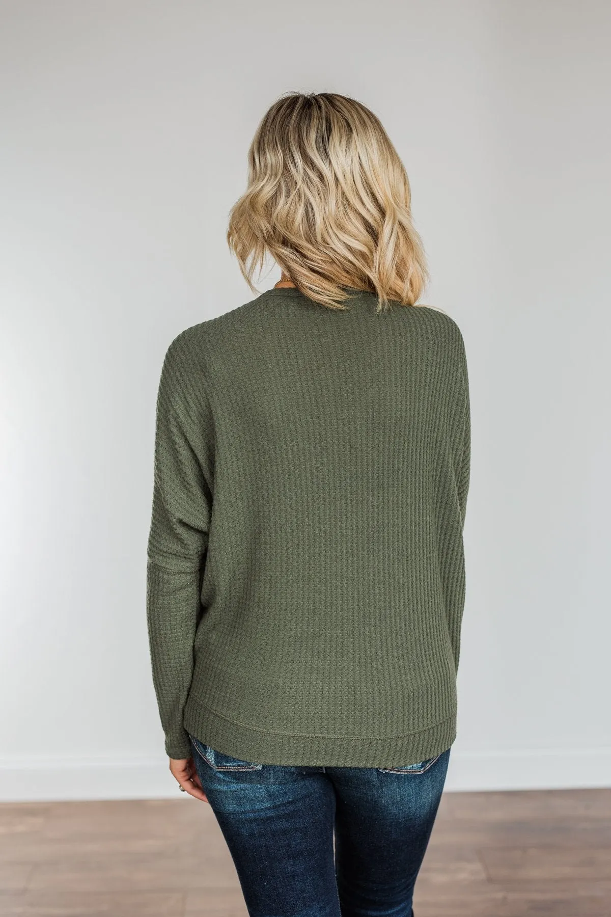 Turning A New Leaf Long Sleeve Waffle Knit Top- Army Green