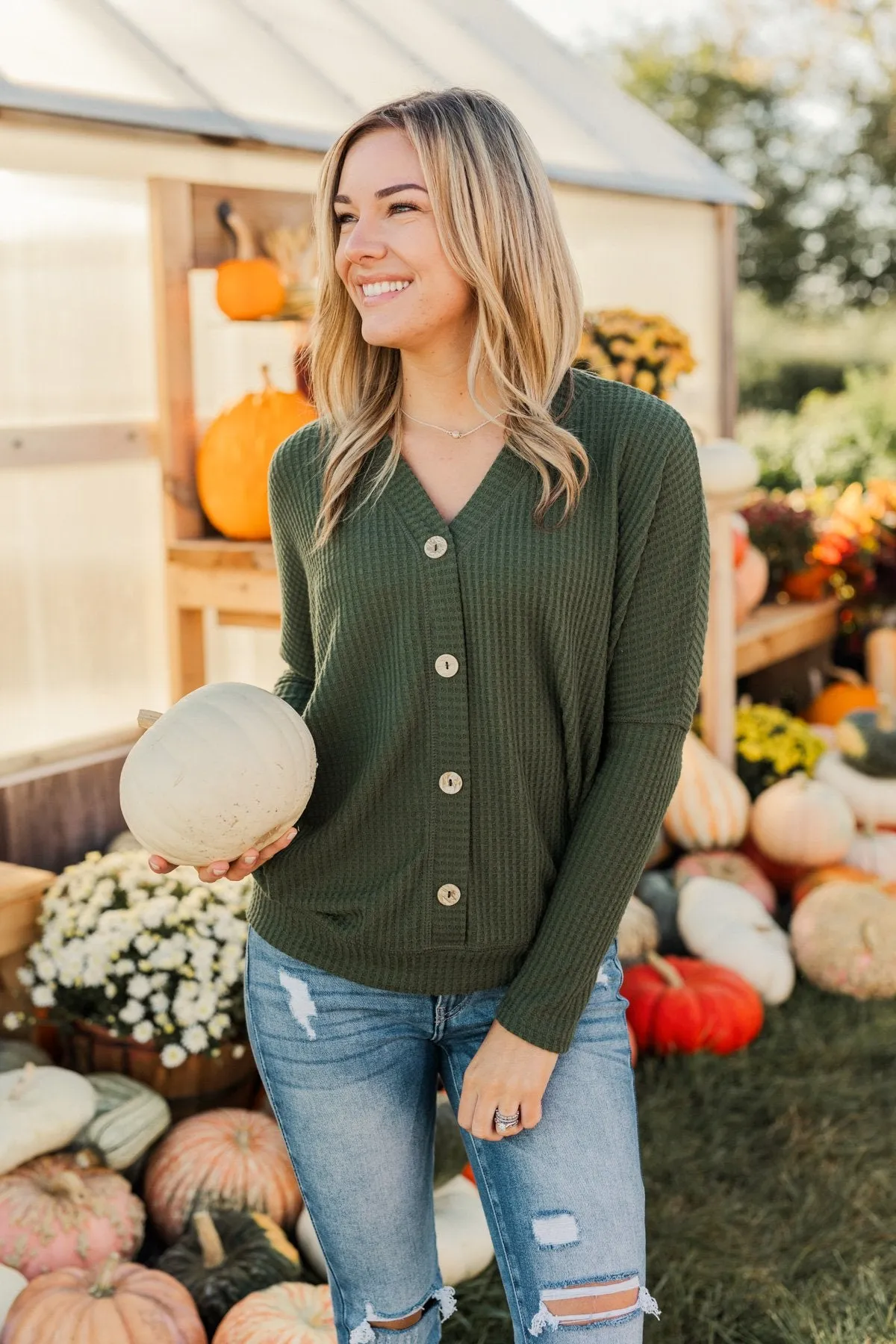 Turning A New Leaf Long Sleeve Waffle Knit Top- Army Green