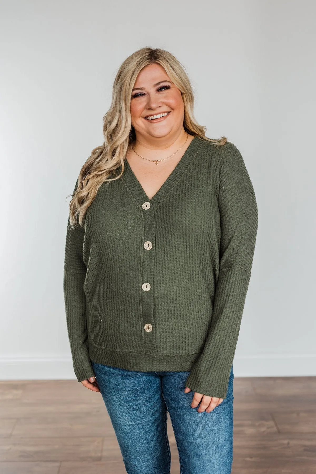 Turning A New Leaf Long Sleeve Waffle Knit Top- Army Green