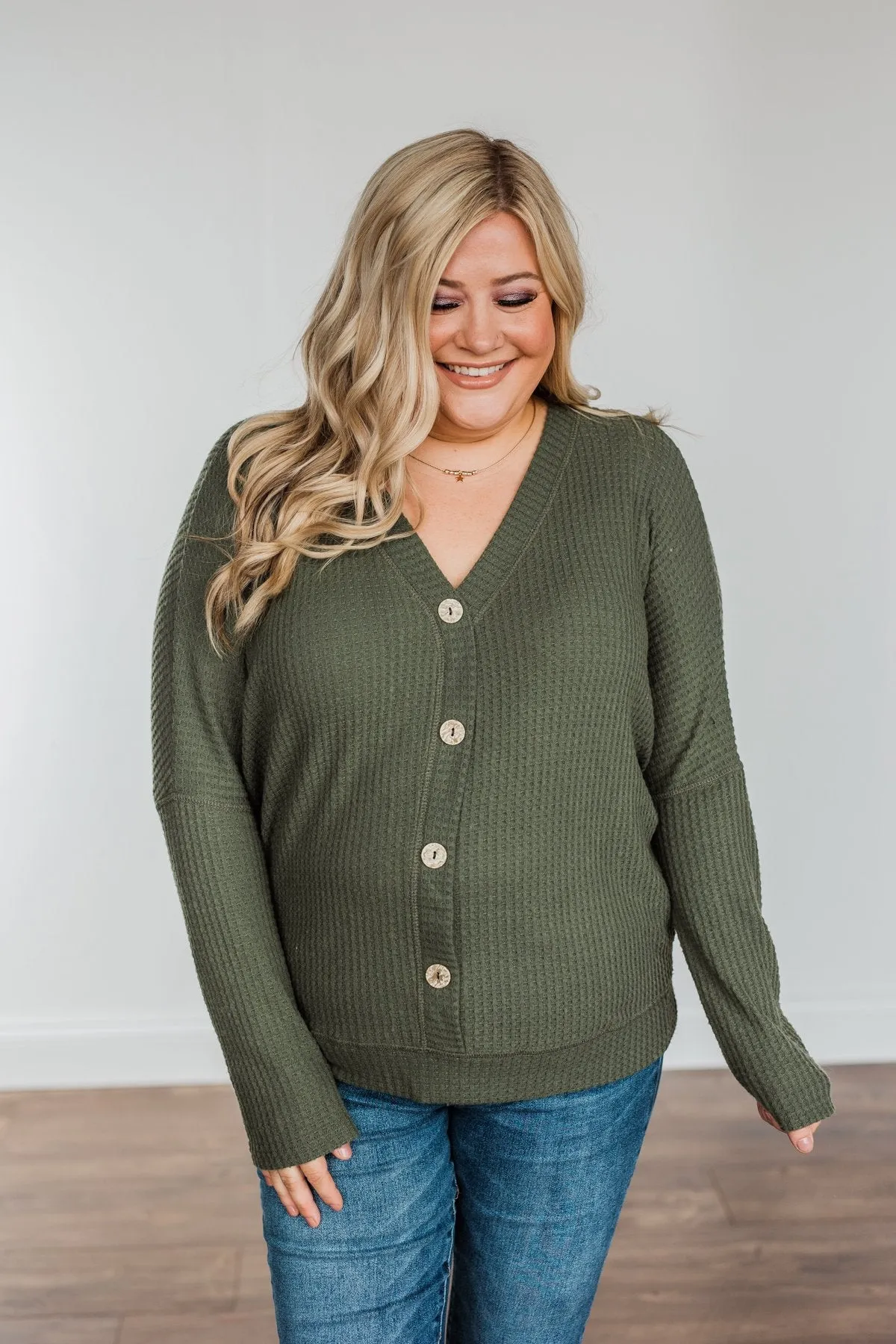 Turning A New Leaf Long Sleeve Waffle Knit Top- Army Green