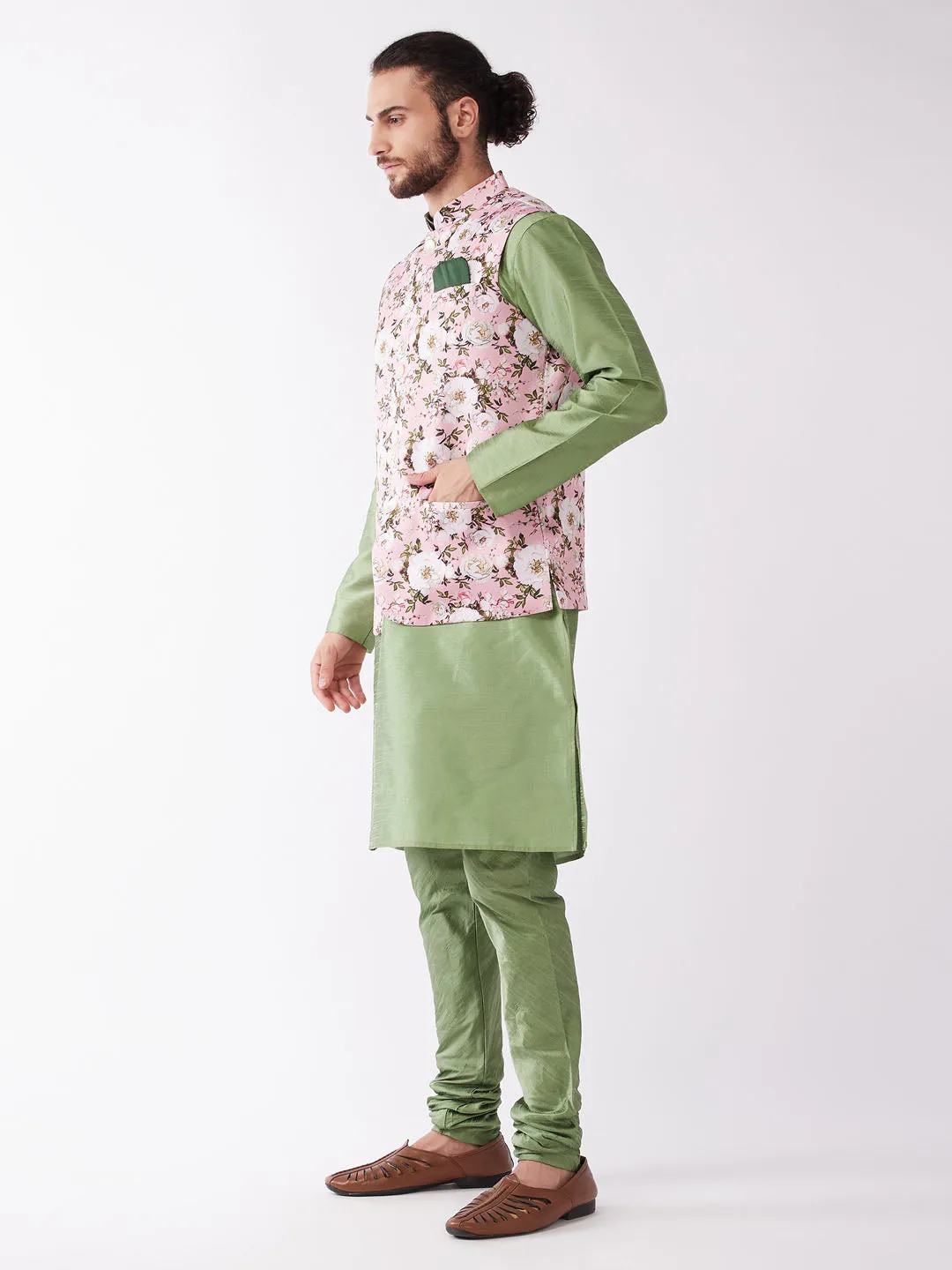 VASTRAMAY Men's Pink Floral Printed Ethnic Jacket With Green Silk Blend Kurta and Pyjama Set