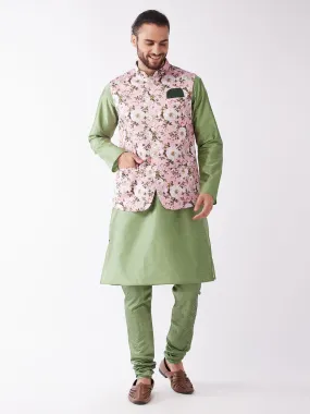 VASTRAMAY Men's Pink Floral Printed Ethnic Jacket With Green Silk Blend Kurta and Pyjama Set