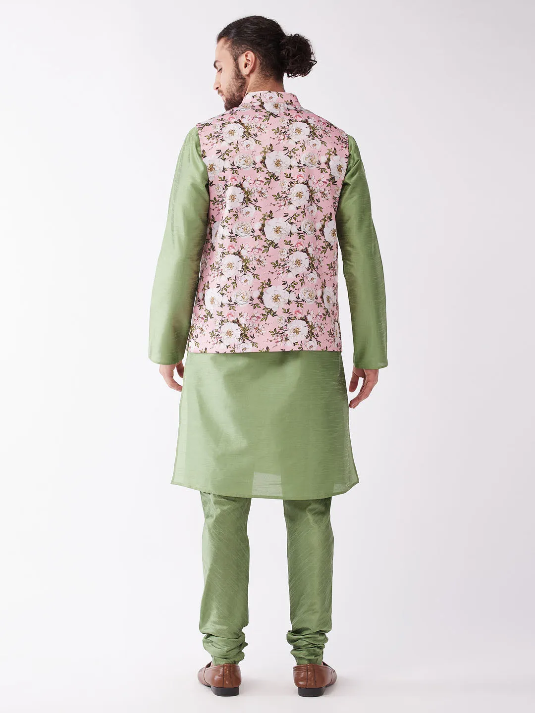 VASTRAMAY Men's Pink Floral Printed Ethnic Jacket With Green Silk Blend Kurta and Pyjama Set