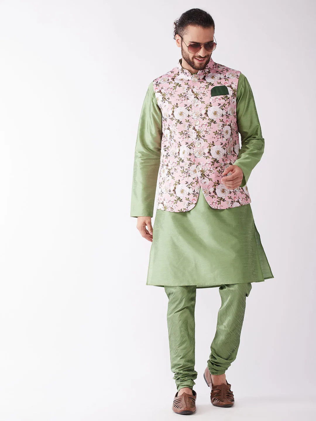 VASTRAMAY Men's Pink Floral Printed Ethnic Jacket With Green Silk Blend Kurta and Pyjama Set