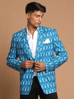 VASTRAMAY Men's Turquoise Blue Ikkat print Blazer