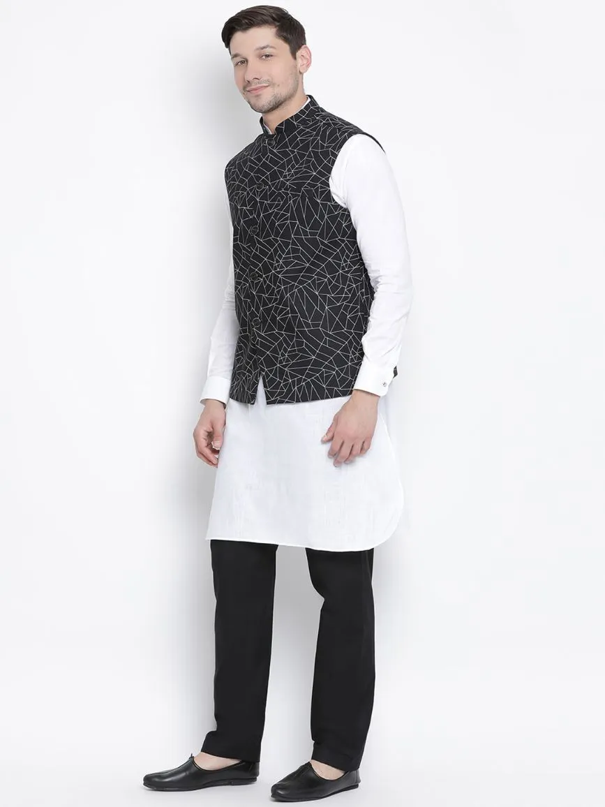 VASTRAMAY Men's White Cotton Blend Kurta, Ethnic Jacket and Pyjama Set