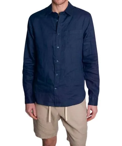 Vince Linen Long Sleeve Shirt In Deep Indigo