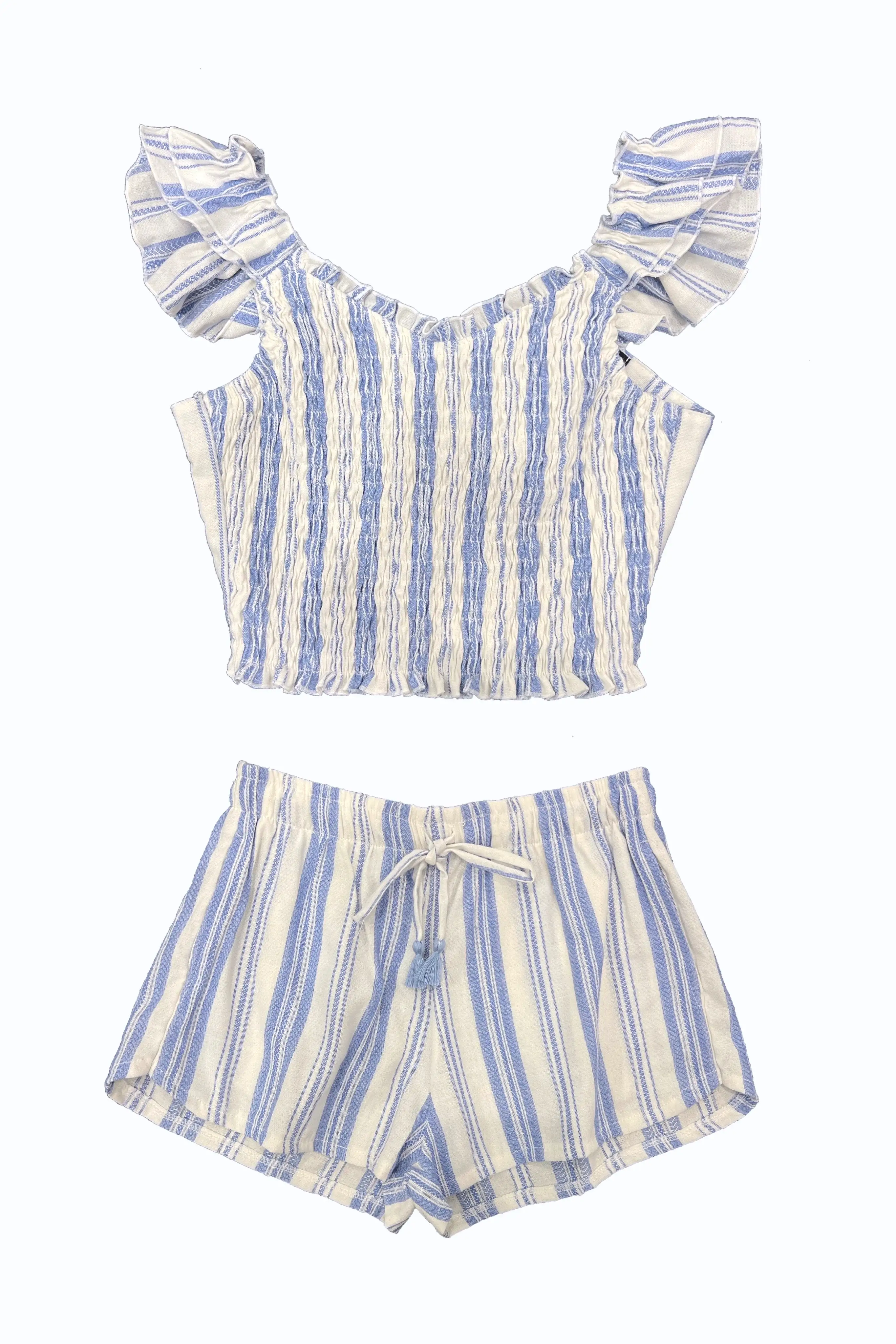 White Blue Woven Stripe Elastic Waist Shorts