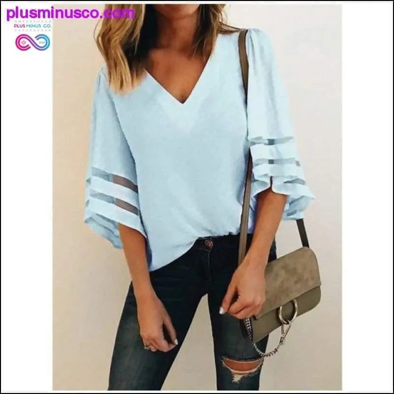 Women Casual Loose V Neck Kimono Chiffon Blouse Lady Summer