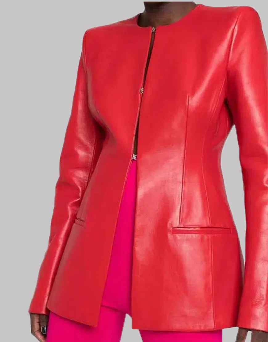 Women Red Collarless Leather Jacket | New Arrivals 2021 - Ujackets.com