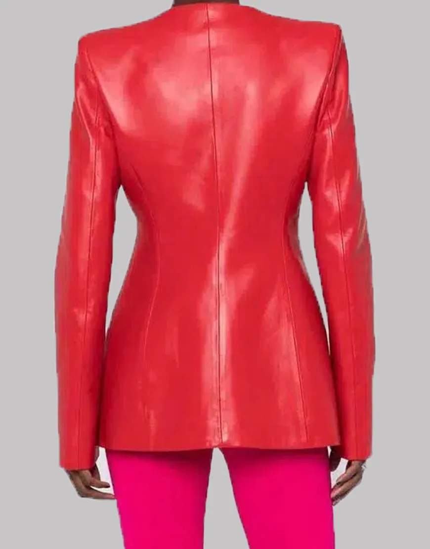 Women Red Collarless Leather Jacket | New Arrivals 2021 - Ujackets.com