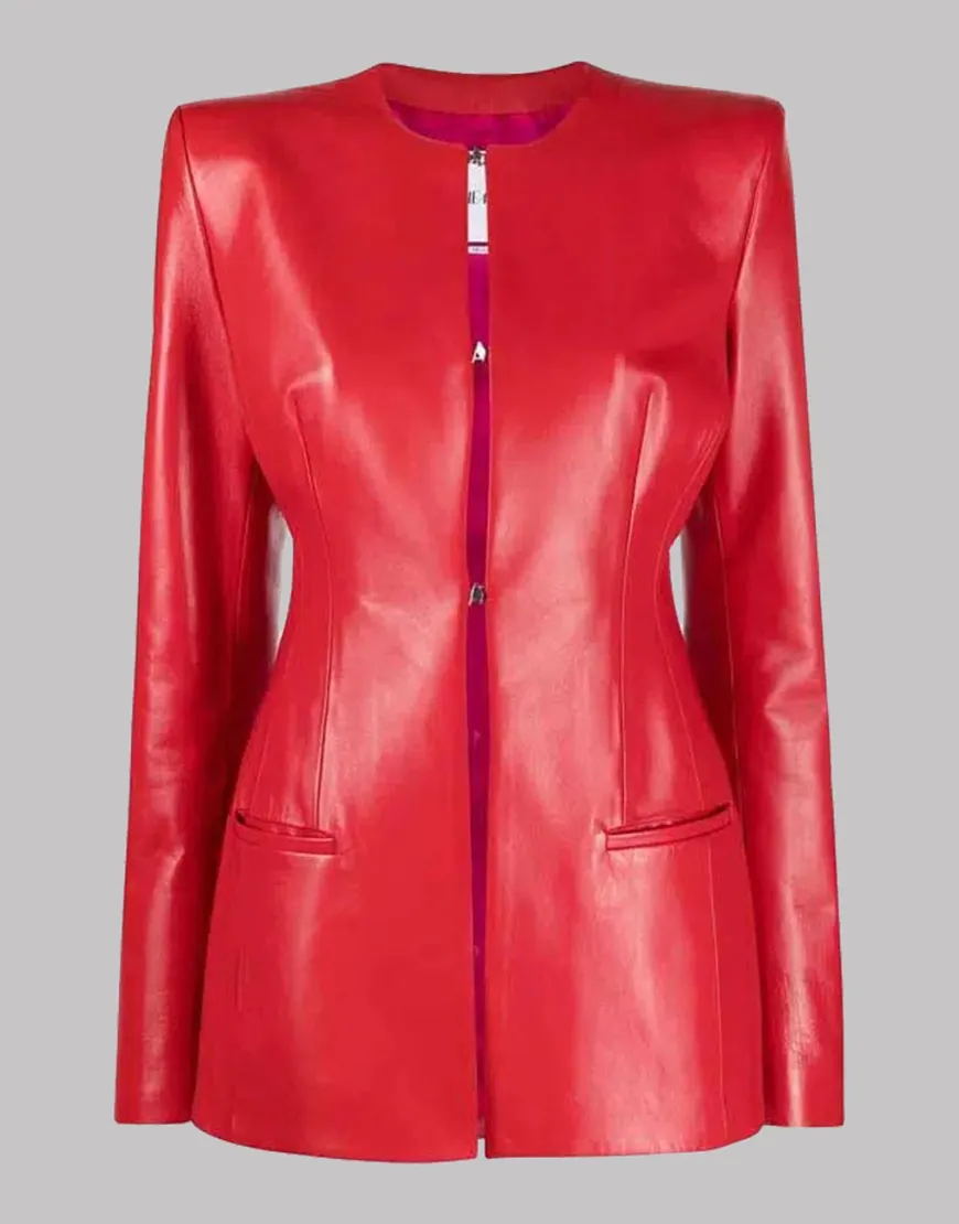 Women Red Collarless Leather Jacket | New Arrivals 2021 - Ujackets.com